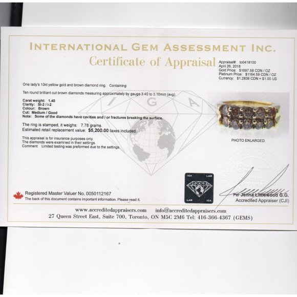 1.40 ct Brown DIAMOND 10KY Gold Ring w/Certificate - Picture 8 of 8